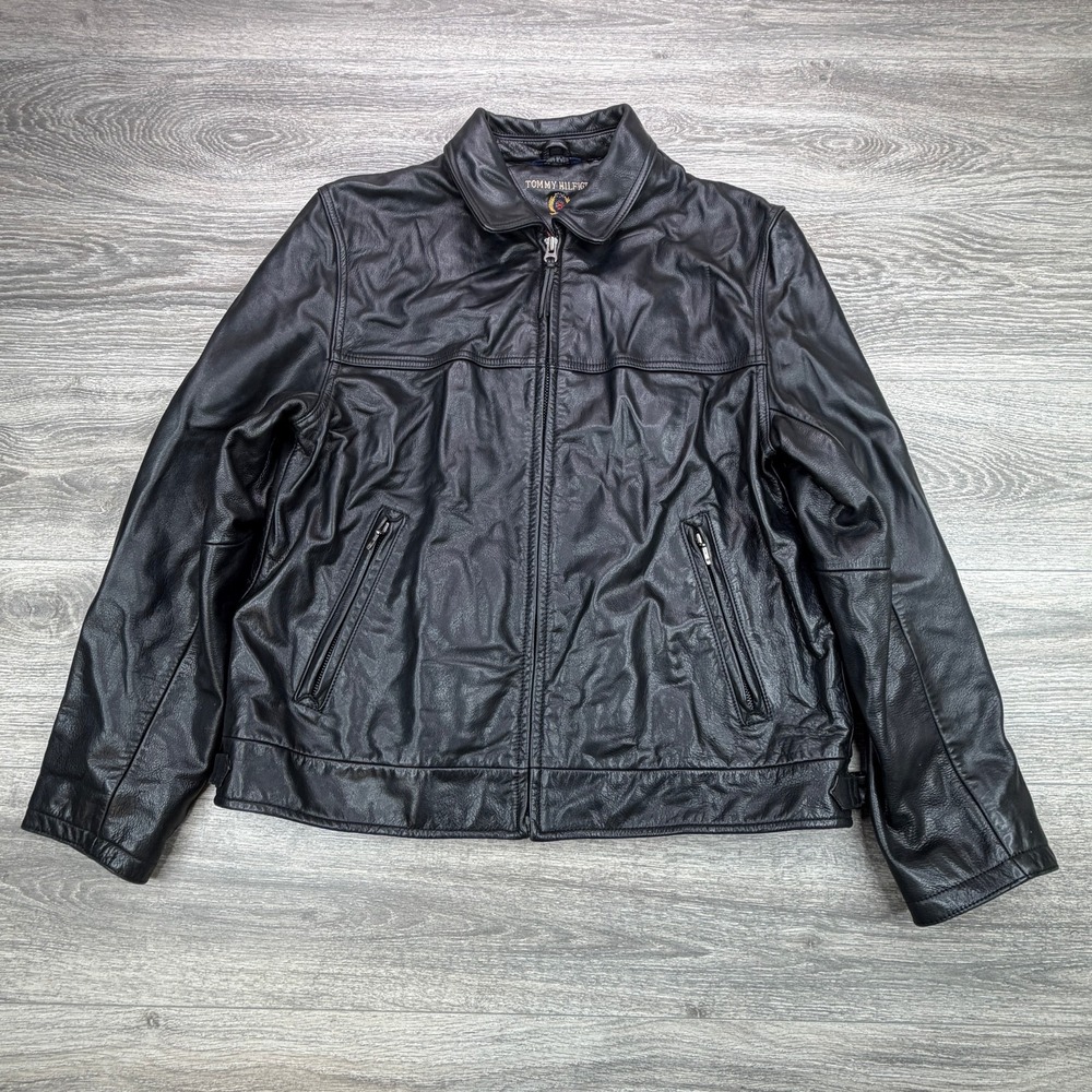 Tommy Hilfiger Leather Jacket Men Large Black Full Zip Motorcycle Biker Coat Y2K